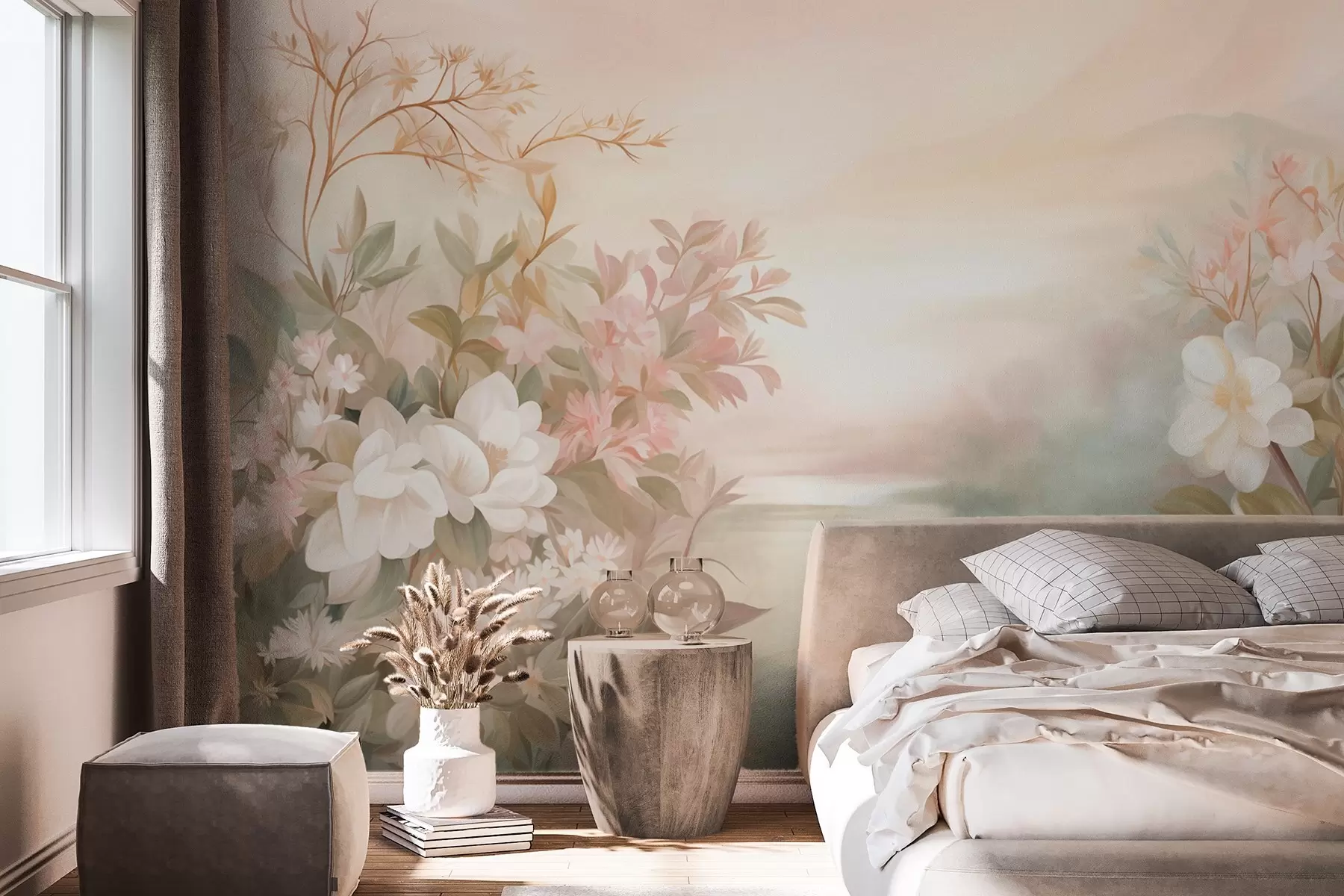 fototapeter Et landskab med en flod omgivet af blomster og planter, bløde farver, lyserød himmel, akvareltekstur. w09537