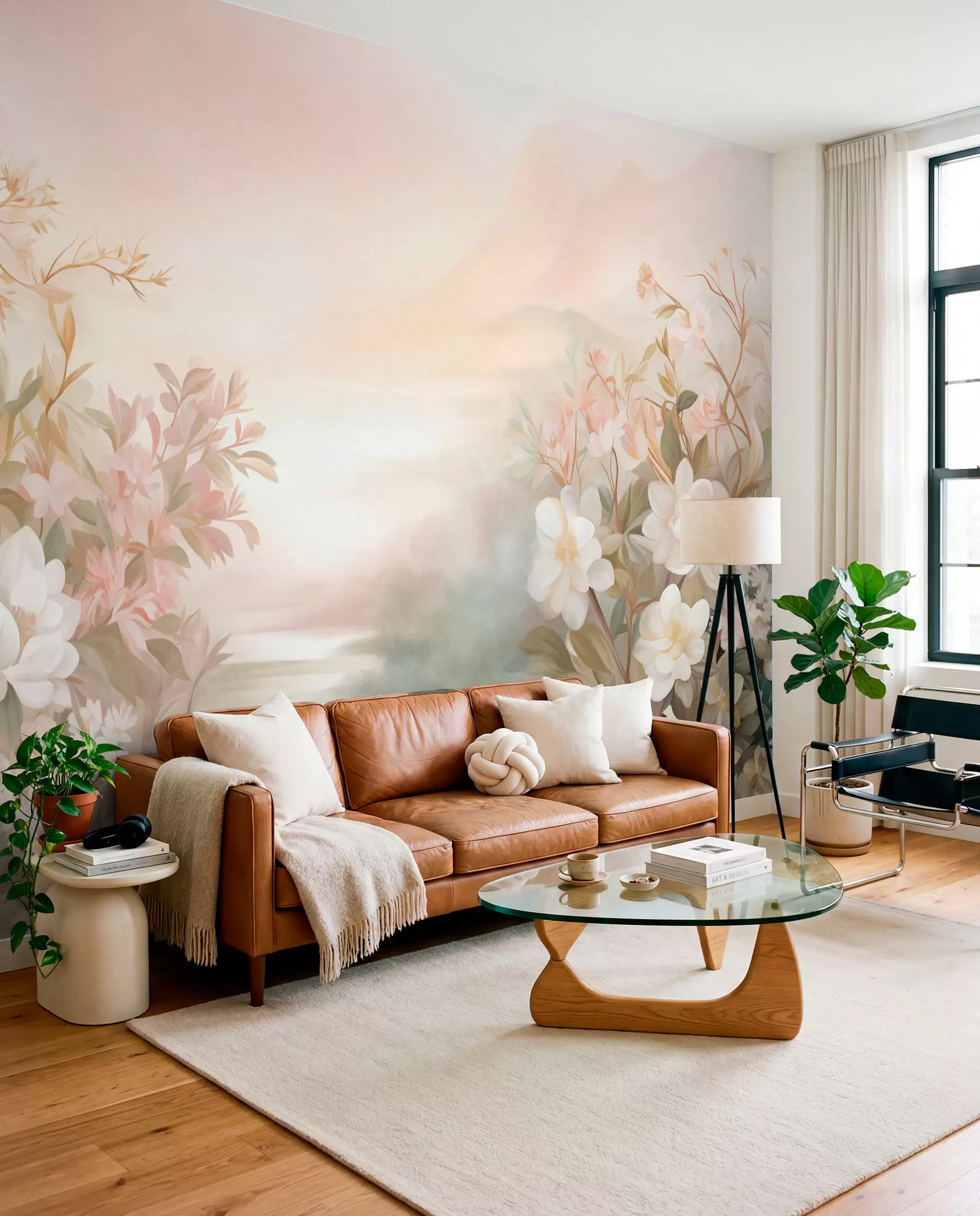 fototapeter Et landskab med en flod omgivet af blomster og planter, bløde farver, lyserød himmel, akvareltekstur w09537