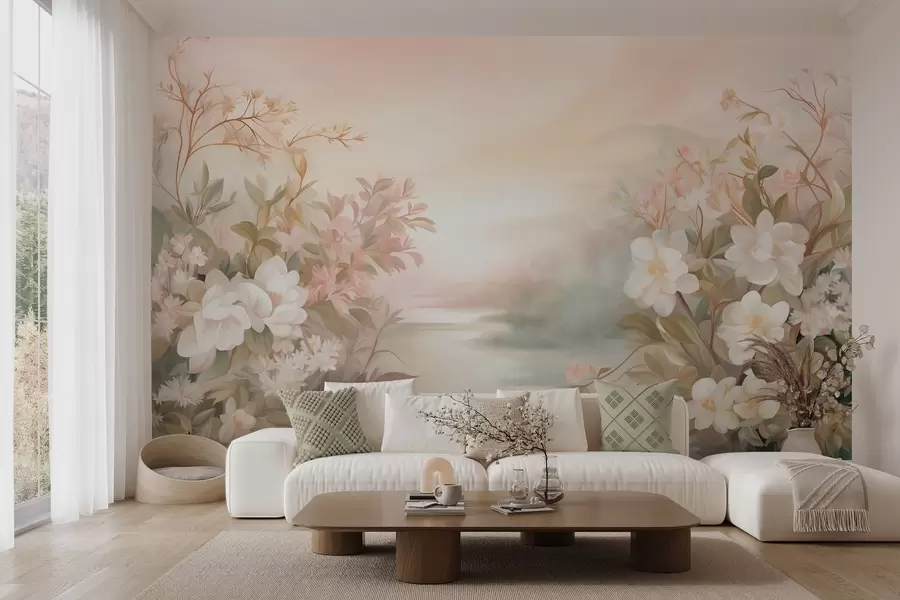 Murale Un paysage avec une rivière entourée de fleurs et de plantes, des couleurs douces, un ciel rose, un style aquarelle texturé. w09537