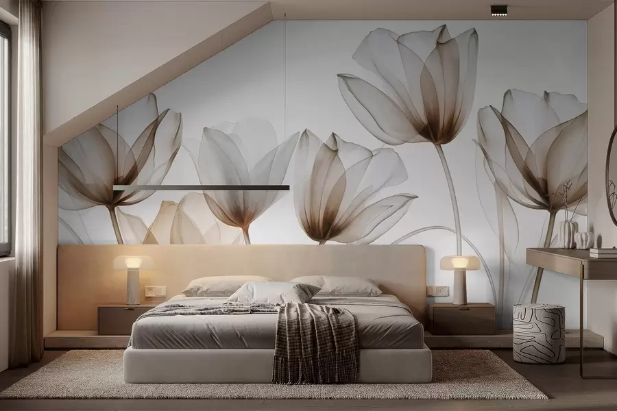 Fototapete Durchscheinende braune und weiße Tulpenblüten mit langen Stielen vor hellem Hintergrund, zarte und strukturierte Blumenkunst w09538v1