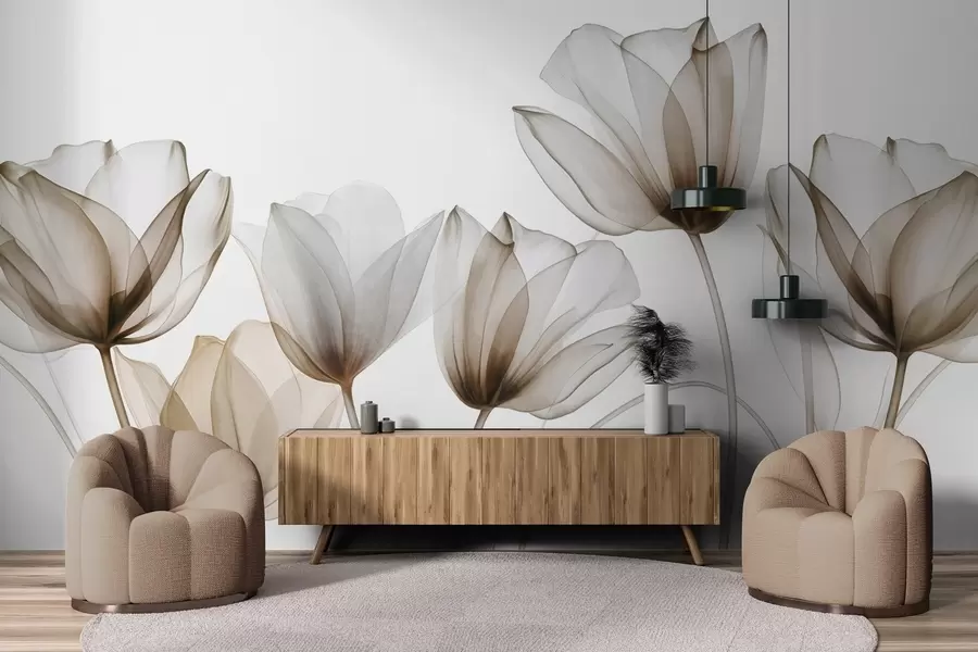 fototapeter Gennemsigtige brune og hvide tulipanblomster med lange stilke, mod lys baggrund, delikat og struktureret blomsterkunst w09538v1