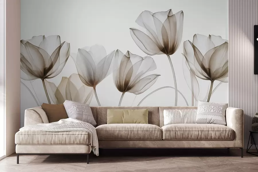 Fototapete Durchscheinende braune und weiße Tulpenblüten mit langen Stielen vor hellem Hintergrund, zarte und strukturierte Blumenkunst w09538v1