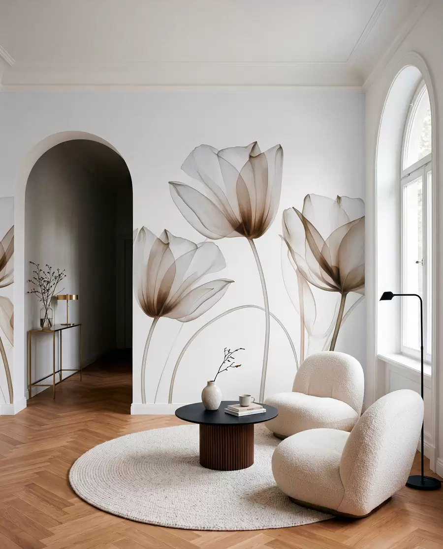 fototapeter Gennemsigtige brune og hvide tulipanblomster med lange stilke, mod lys baggrund, delikat og struktureret blomsterkunst w09538v1