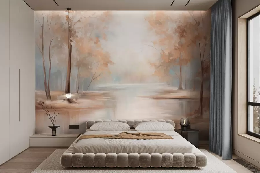 Fototapete Herbstliche Landschaft mit Bäumen und einem Fluss, sanfte Farben, helle und luftige Atmosphäre, friedliche und ruhige Szene w09541