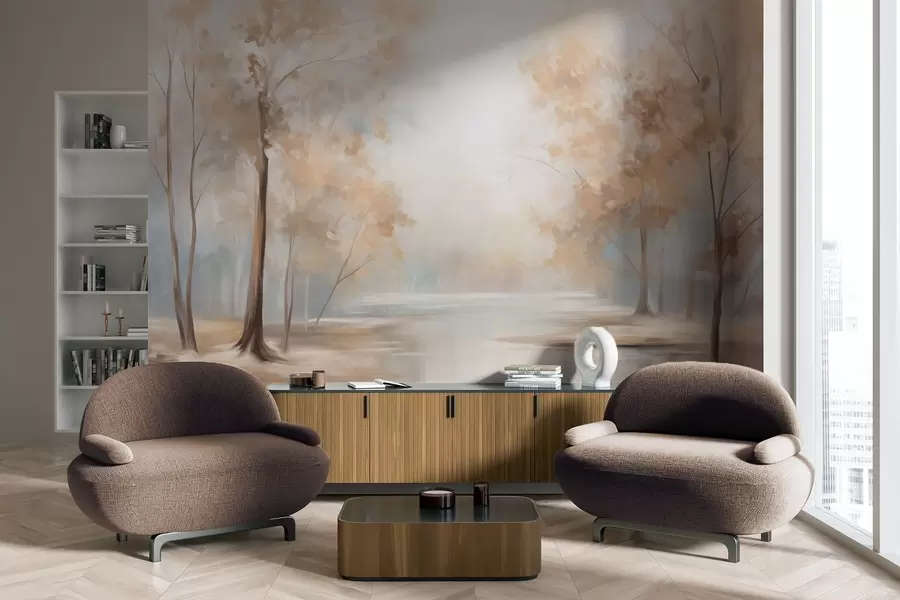 Murale Paysage automnal texturé avec des arbres et une rivière, couleurs douces, atmosphère légère et aérienne, scène paisible et tranquille. w09541