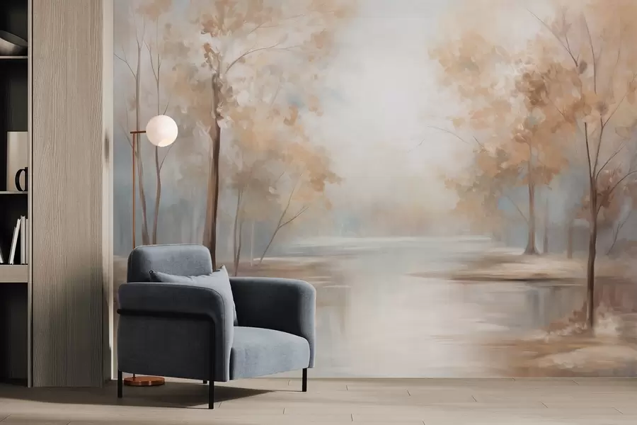 Fototapete Herbstliche Landschaft mit Bäumen und einem Fluss, sanfte Farben, helle und luftige Atmosphäre, friedliche und ruhige Szene w09541