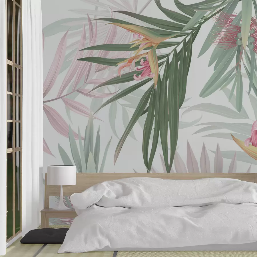 Murale Strelitzia dans le feuillage des palmiers w04896v2