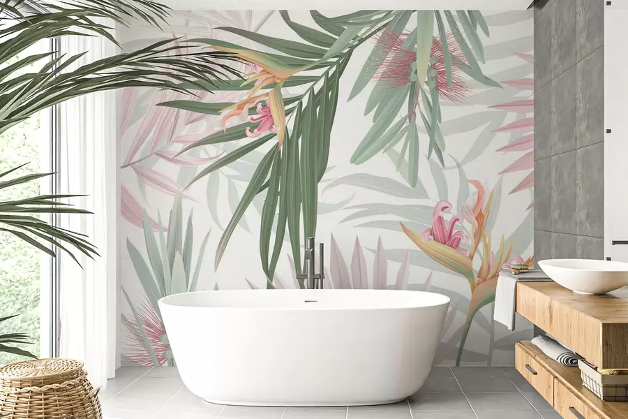 fototapeter Strelitzia i palmeblade w04896v2