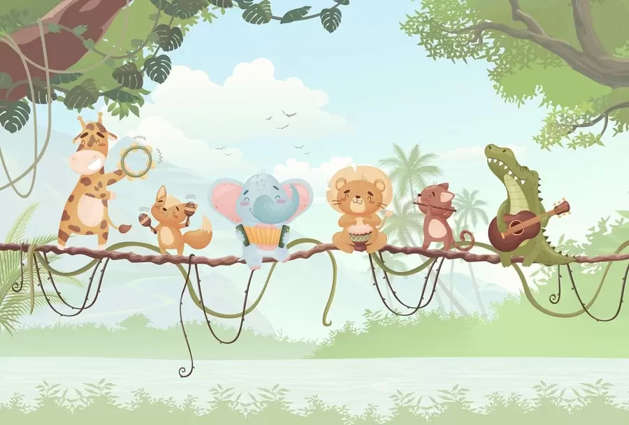 fototapeter Dyr med musikinstrumenter foran et tropisk landskab w04505