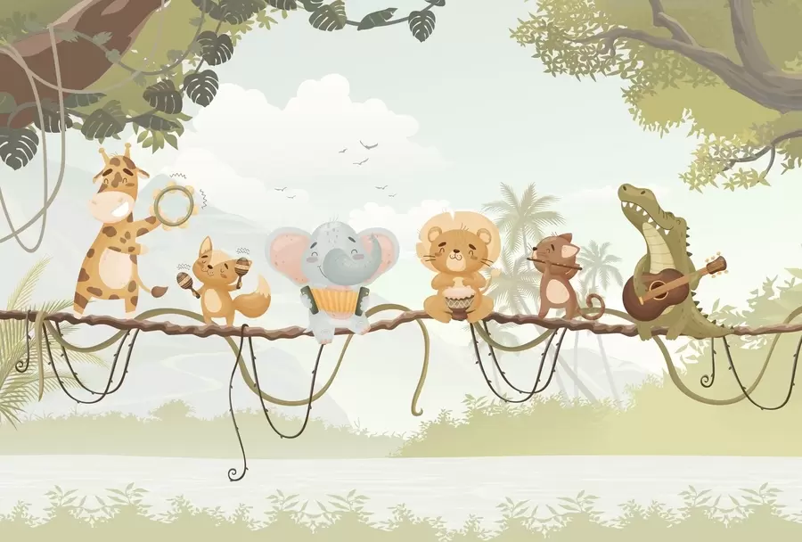 fototapeter Dyr med musikinstrumenter foran et tropisk landskab w04505v1