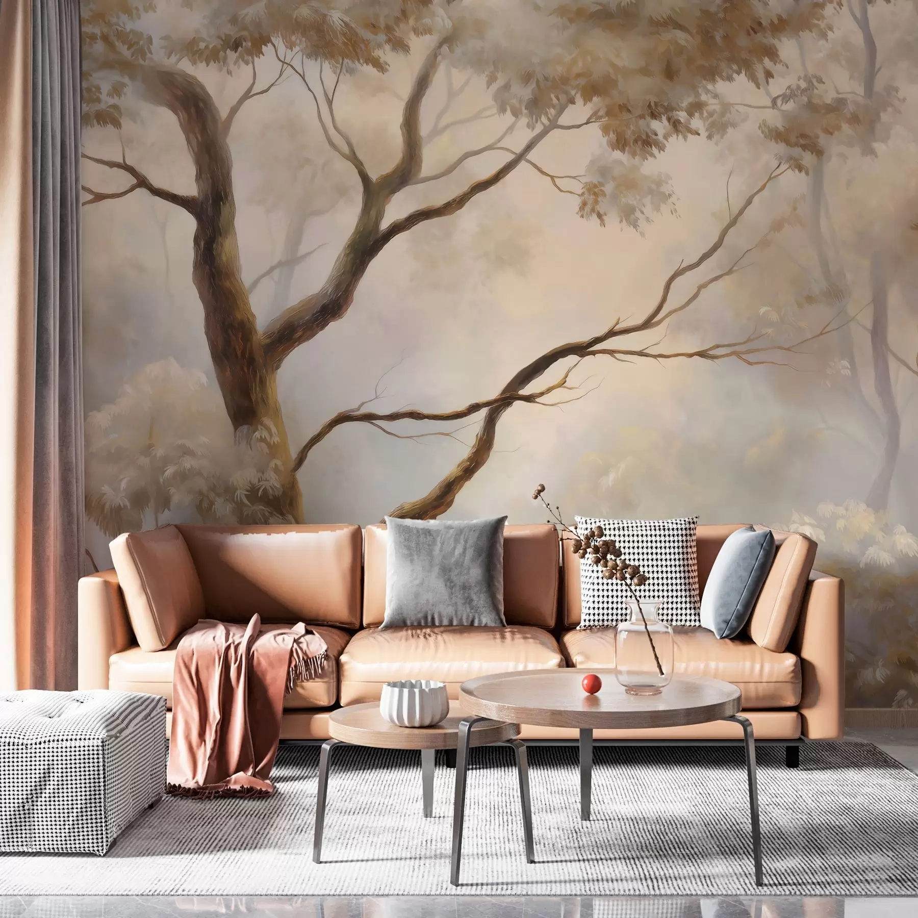 Murale La forêt dans la brume légère du matin. Une peinture atmosphérique délicate dans le style d'un paysage artistique w04817
