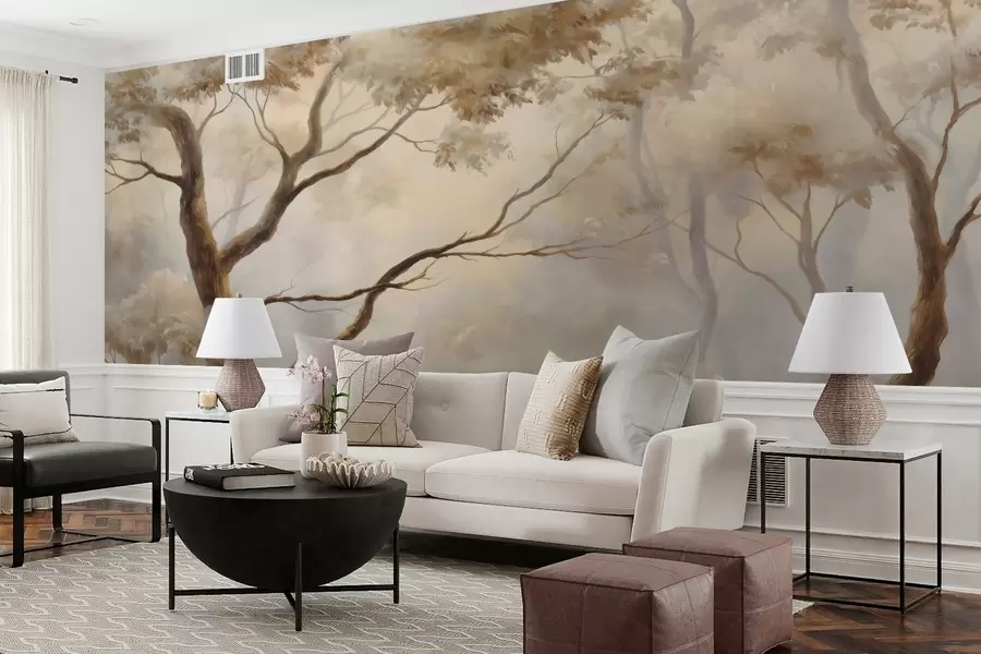 Murale La forêt dans la brume légère du matin. Une peinture atmosphérique délicate dans le style d'un paysage artistique w04817