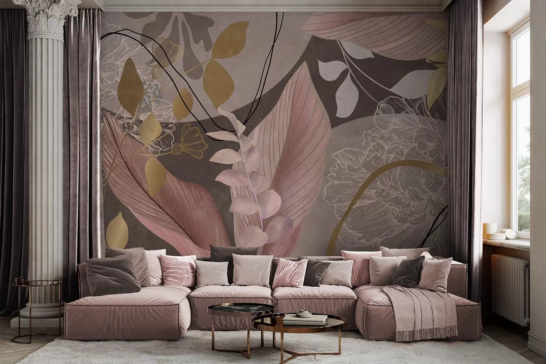 Murale Imprimé floral abstrait avec de grandes feuilles dans des tons de rose pâle et de brun, rehaussé de fines lignes noires et de contours floraux blancs w09544