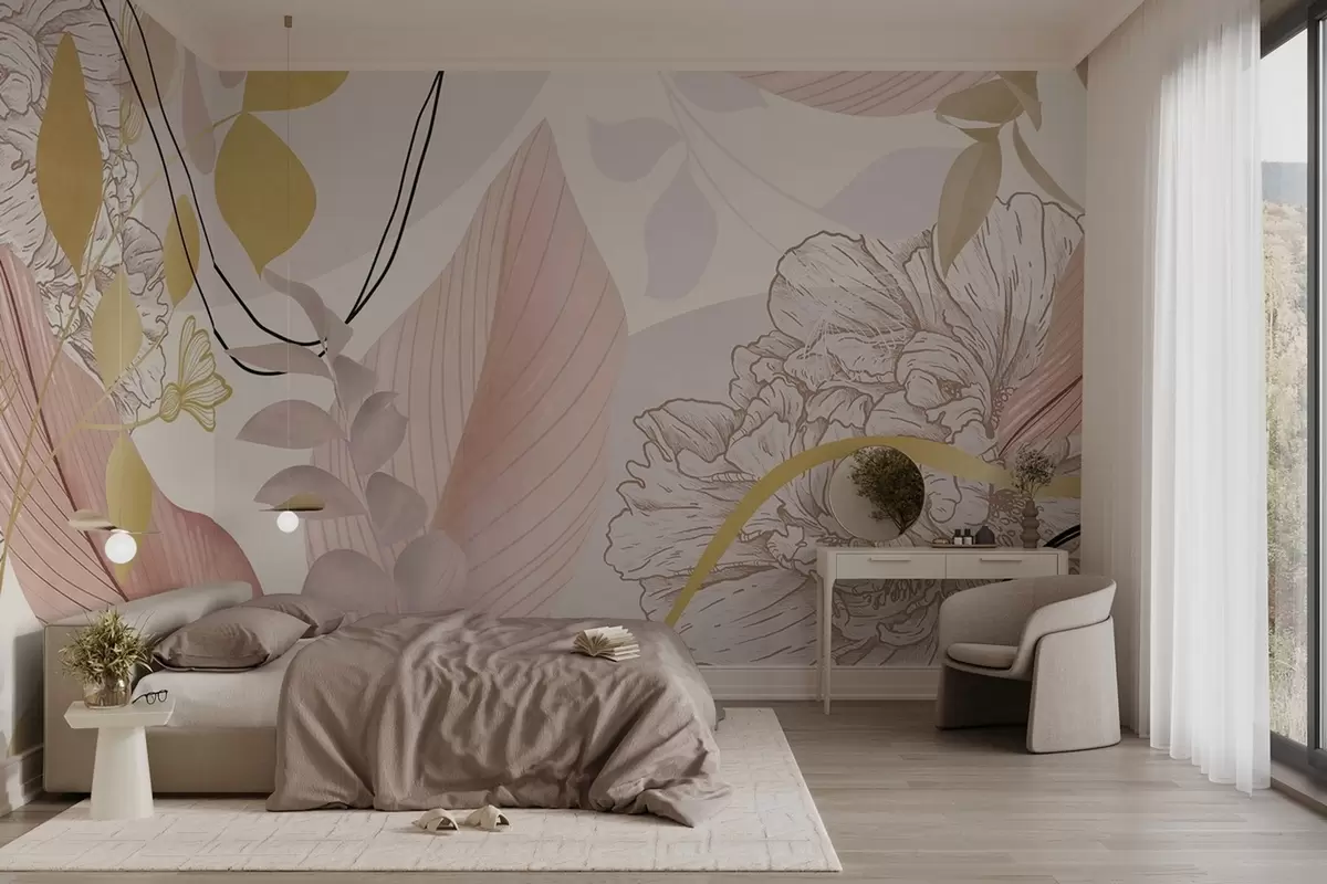 fototapeter Abstrakt blomsterprint med store blade i dæmpede nuancer af lyserødt og gult med tynde sorte streger og hvide blomsterkonturer. w09544v1