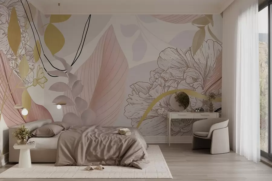 fototapeter Abstrakt blomsterprint med store blade i dæmpede nuancer af lyserødt og gult med tynde sorte streger og hvide blomsterkonturer. w09544v1