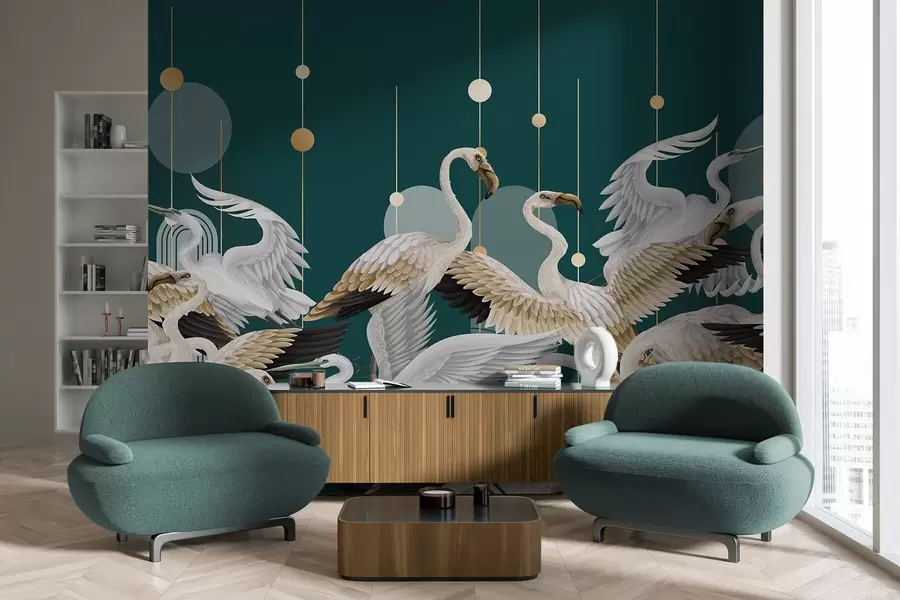 Fototapete Eine Schar weißer Flamingos mit zarten Flügeln vor einem dunkelblaugrünen Hintergrund mit gelben Linien und Kreisen w09546