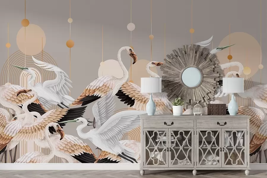 Fototapete Eine Schar weißer Flamingos mit zarten Flügeln vor einem neutralen Hintergrund mit gelben Linien und Kreisen w09546v1