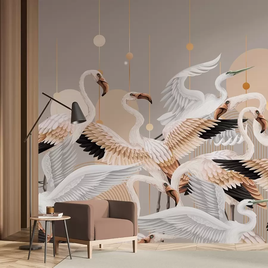 Fototapete Eine Schar weißer Flamingos mit zarten Flügeln vor einem neutralen Hintergrund mit gelben Linien und Kreisen w09546v1