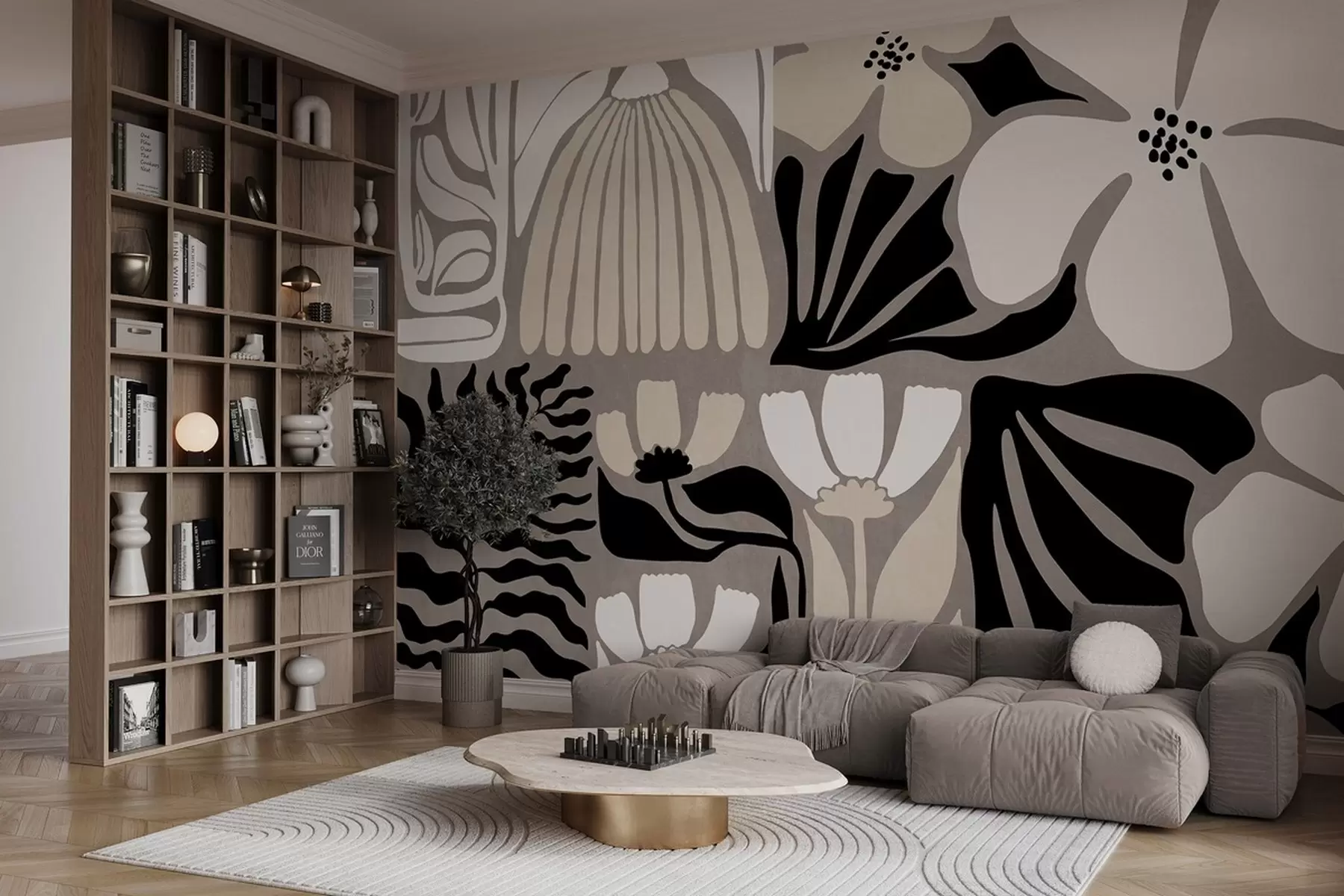 Murale Fleurs et feuilles stylisées modernes et minimalistes, dans des tons beige, noir et blanc, texturées sur fond gris w09547