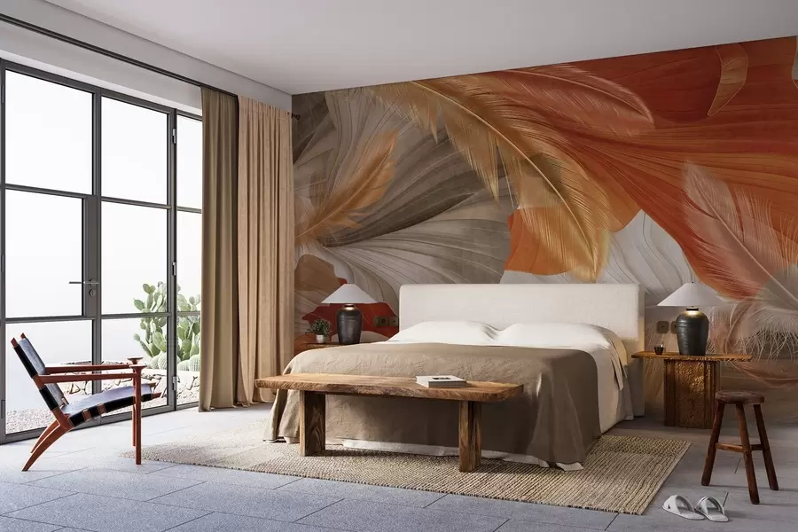 Murale Formes abstraites texturées, fluides, de couleur crème et rouille, ornées de délicates plumes jaunes, beiges et brunes w09549