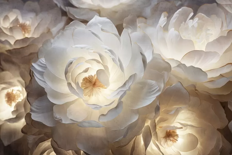 fototapeter Store, hvide fantasifulde pæonblomster med gule centre, blødt lys og delikate, teksturerede lagdelte kronblade. w09550