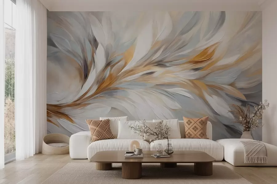 Fototapete Abstrakter Malstil mit weißen, gelben und grauen strukturierten Pinselstrichen vor einem weichen, hellen Hintergrund w09552