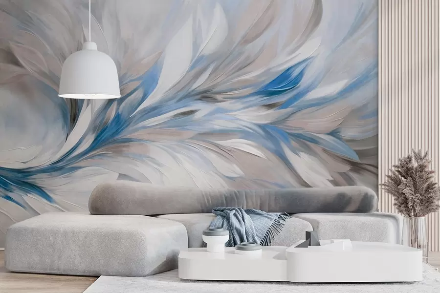 Fototapete Abstrakter Malstil mit weißen, blauen und grauen strukturierten Pinselstrichen vor einem weichen, hellen Hintergrund w09552v1