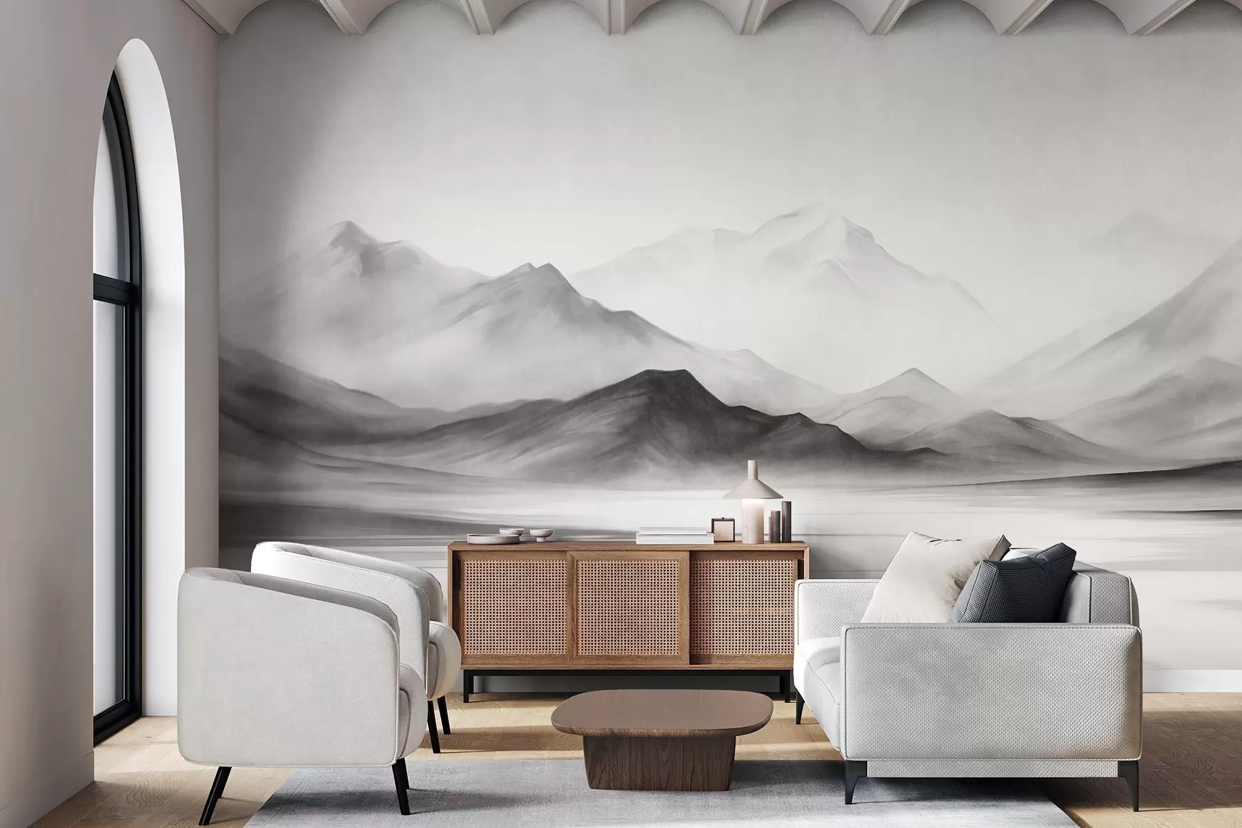 fototapeter Et monokromatisk landskab med tågede bjerge og en sø i forgrunden w09555