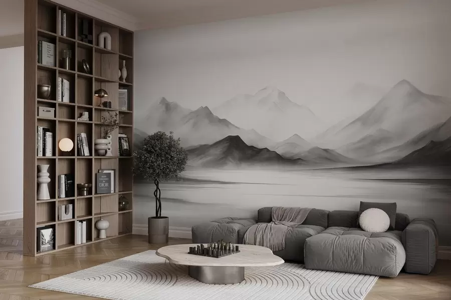 Murale Paysage monochrome texturé avec des montagnes brumeuses et un lac au premier plan w09555