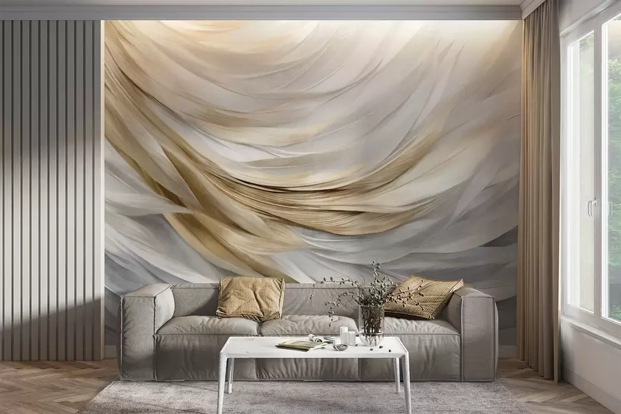 Fototapete Abstrakte strukturierte weiße, graue und gelbe Federn, die ein fließendes, geschichtetes Muster vor einem hellen Hintergrund bilden w09557