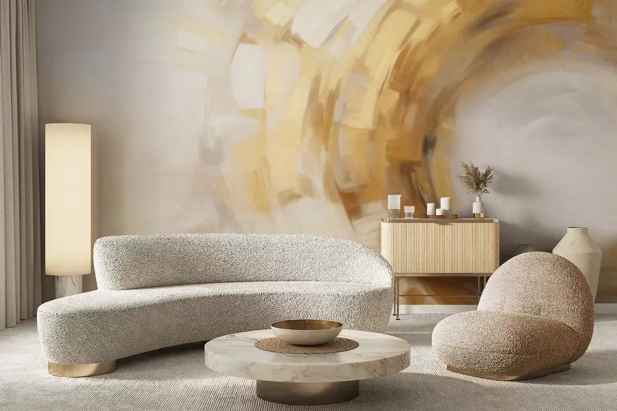 Fototapete Abstrakte Malerei-Imitation mit kreisförmigen, strukturierten Pinselstrichen in Gelb und Weiß, die ein Gefühl von Bewegung erzeugen w09558