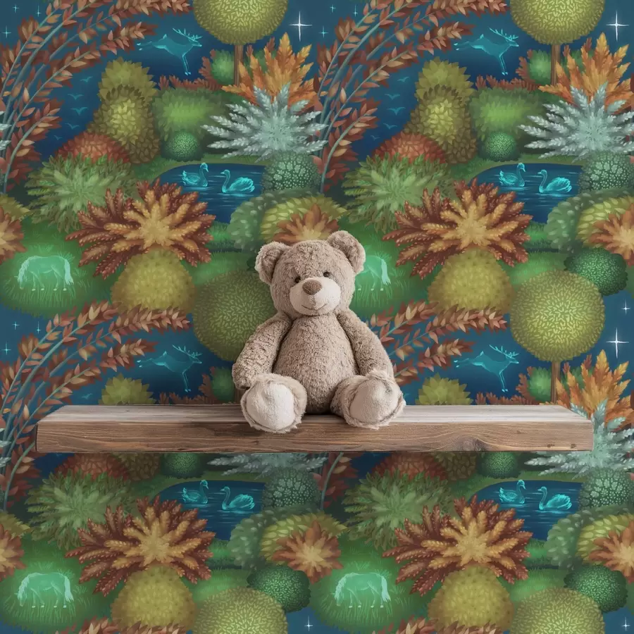 fototapeter Eventyrlig nattehave med sø og lysende dyr a00851