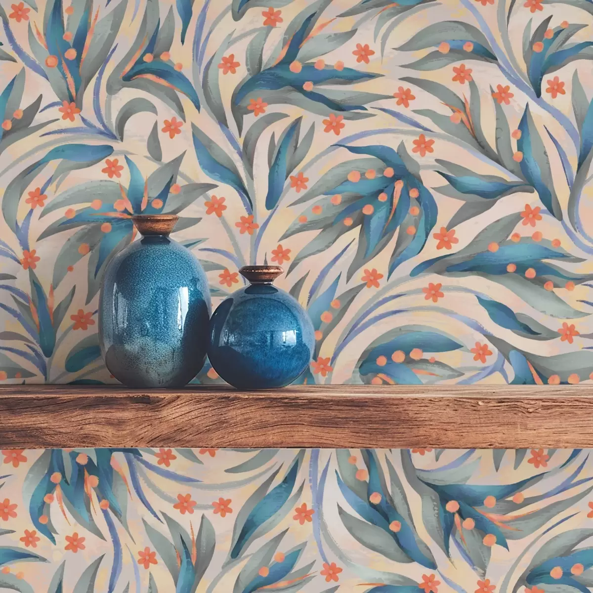 Baggrund Abstrakt blåt løv med koralblomster a00852