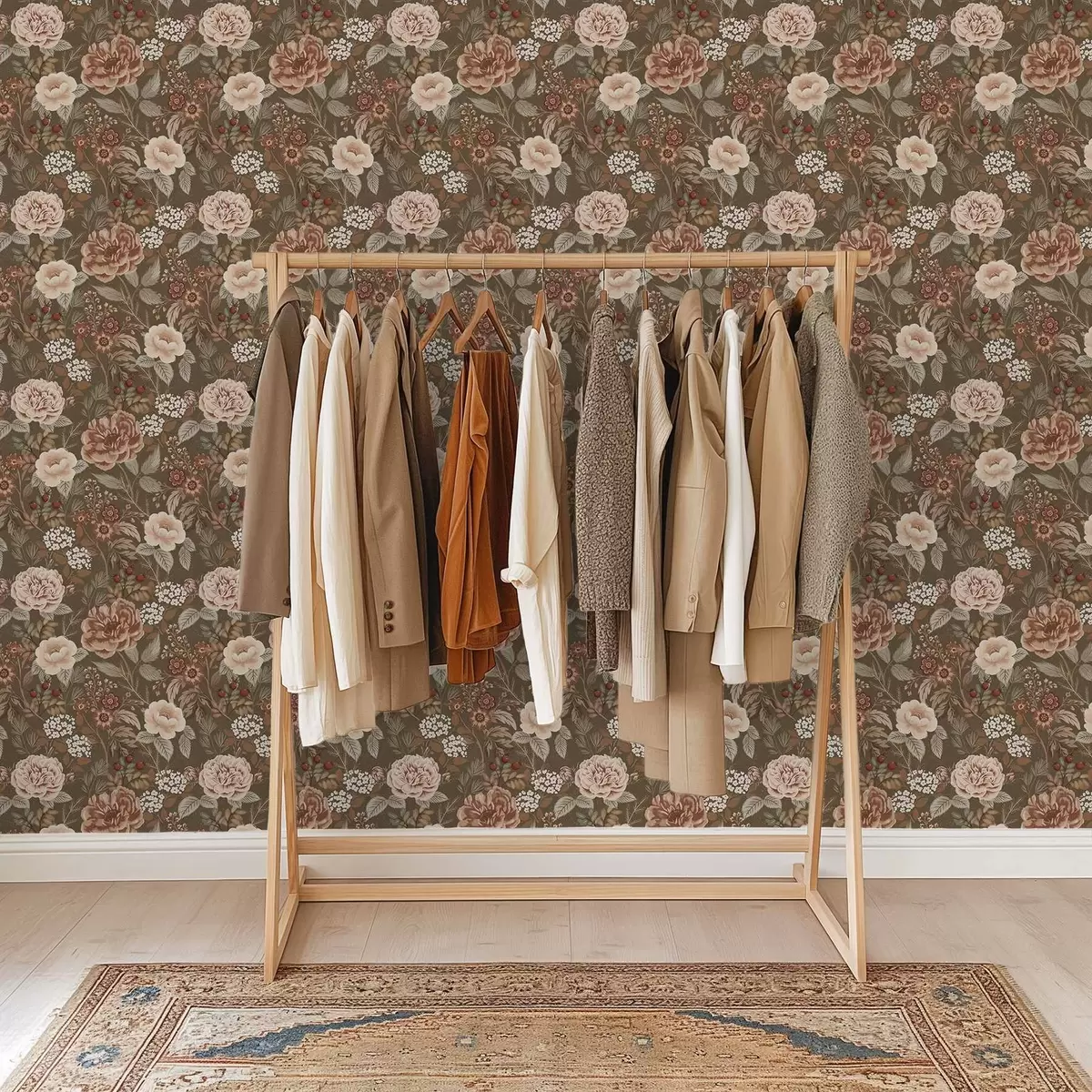 Papier peint Roses chaudes et baies sur fond brun a00868