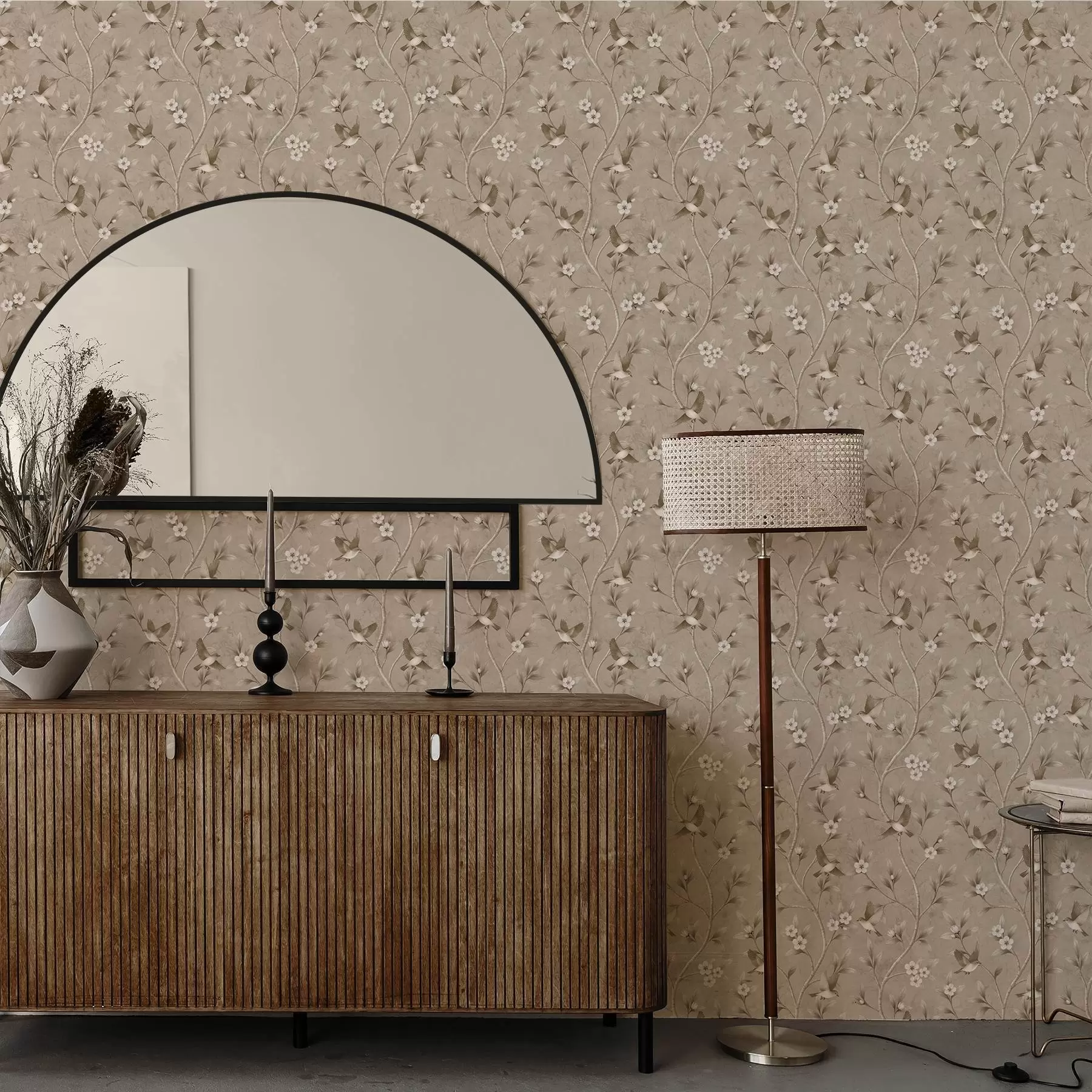 fototapeter Fugle og blomstrende grene i varme sepiafarver a00882