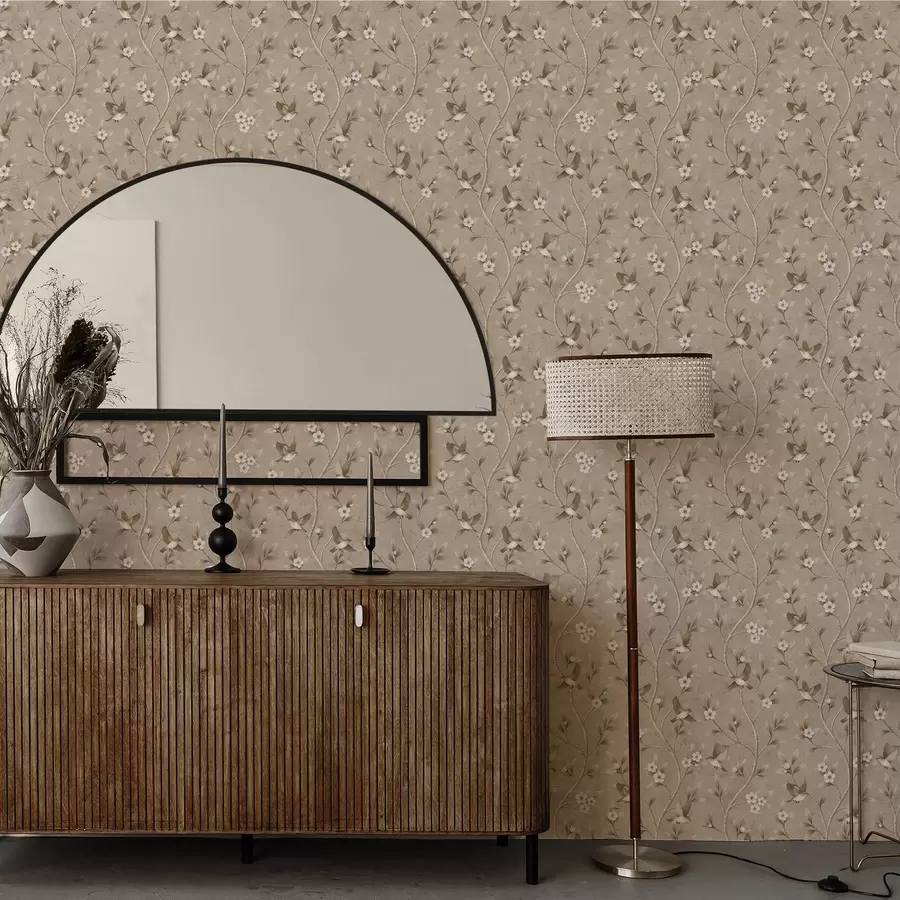 fototapeter Fugle og blomstrende grene i varme sepiafarver a00882