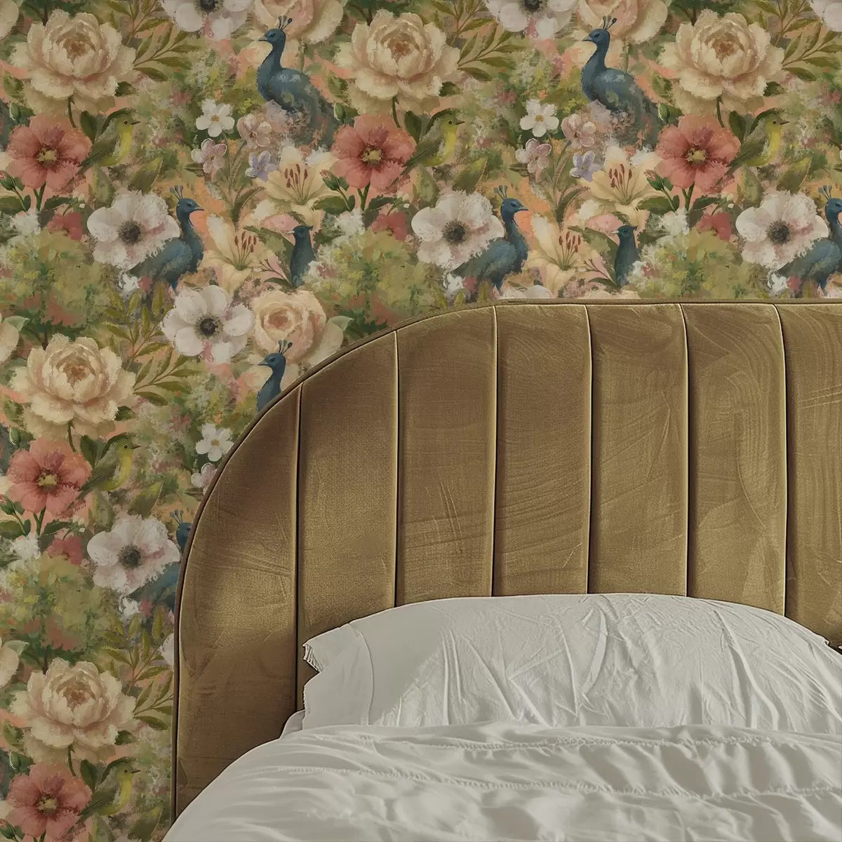 Tapete Malerischer Garten mit Pfauen und großen Blumen a00885