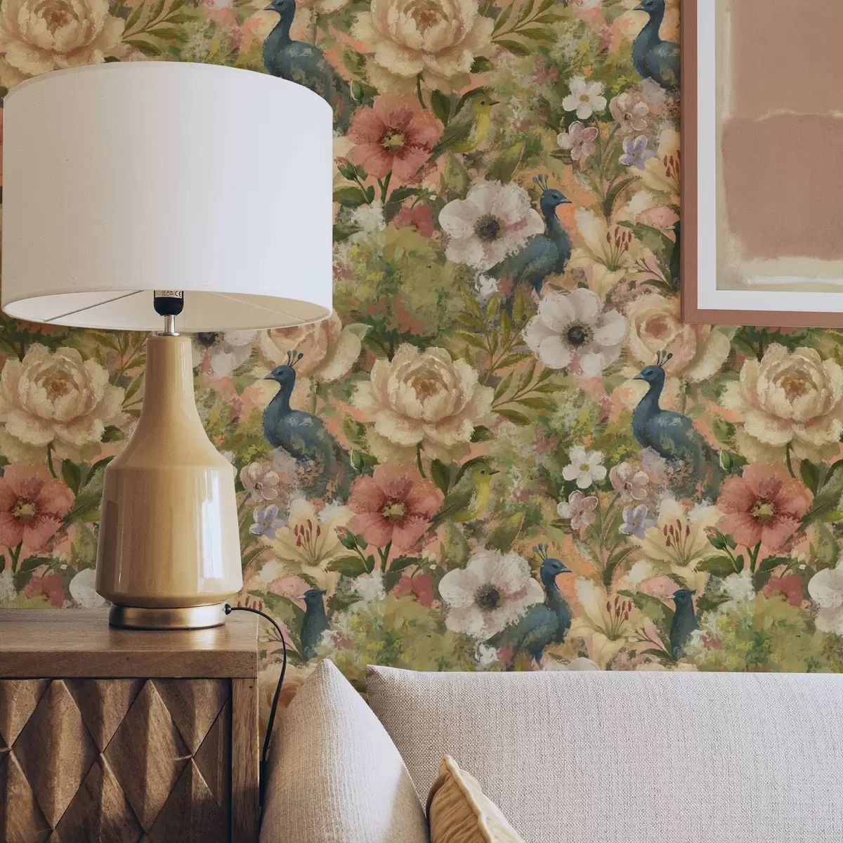 Baggrund Maleriagtig have med påfugle og store blomster a00885