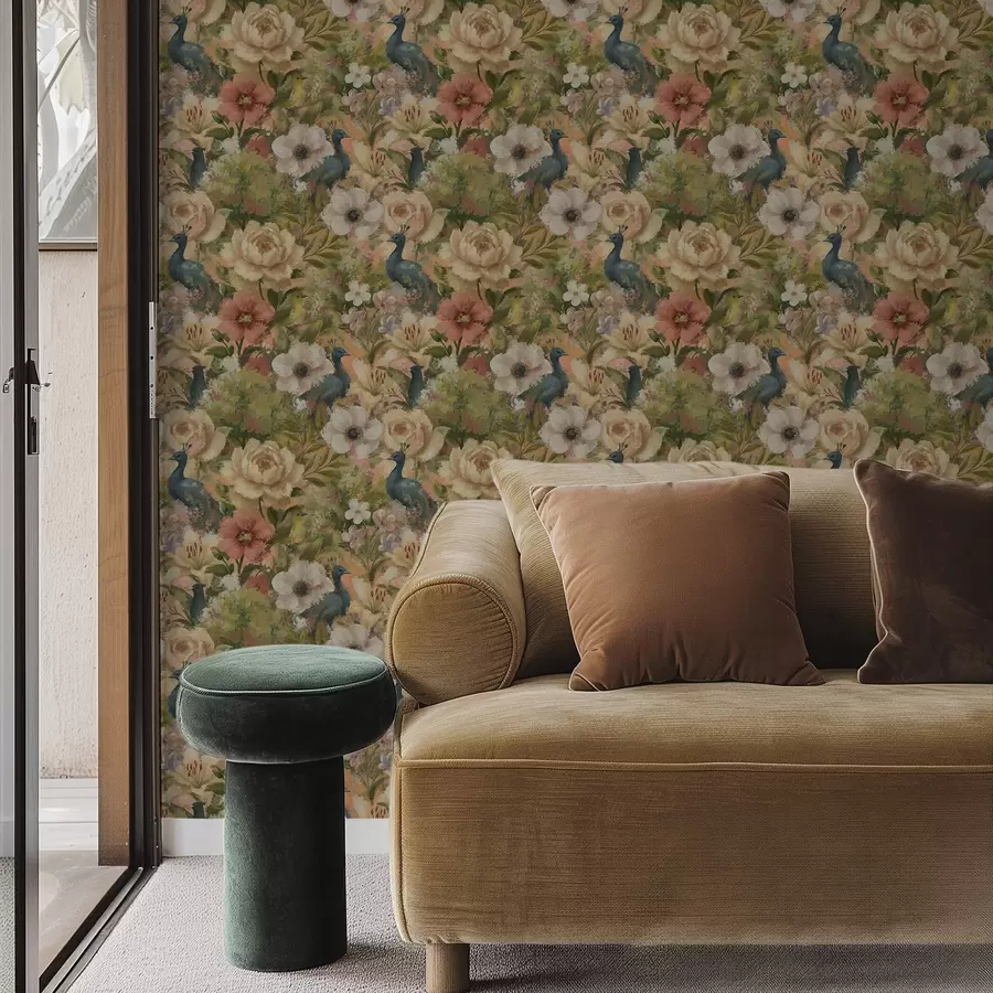 fototapeter Maleriagtig have med påfugle og store blomster a00885