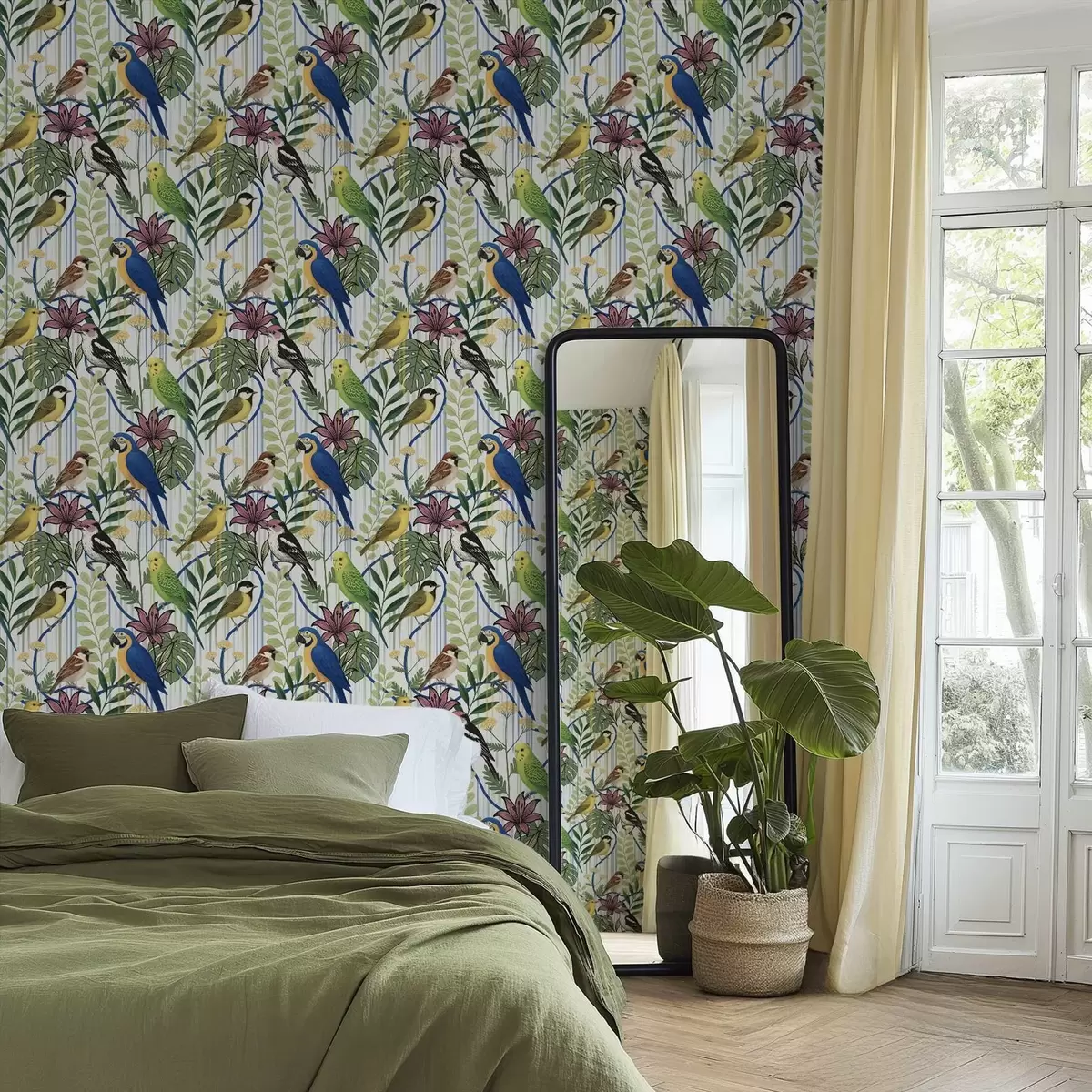 Baggrund Lyse eksotiske fugle blandt tropisk grønne omgivelser a00887