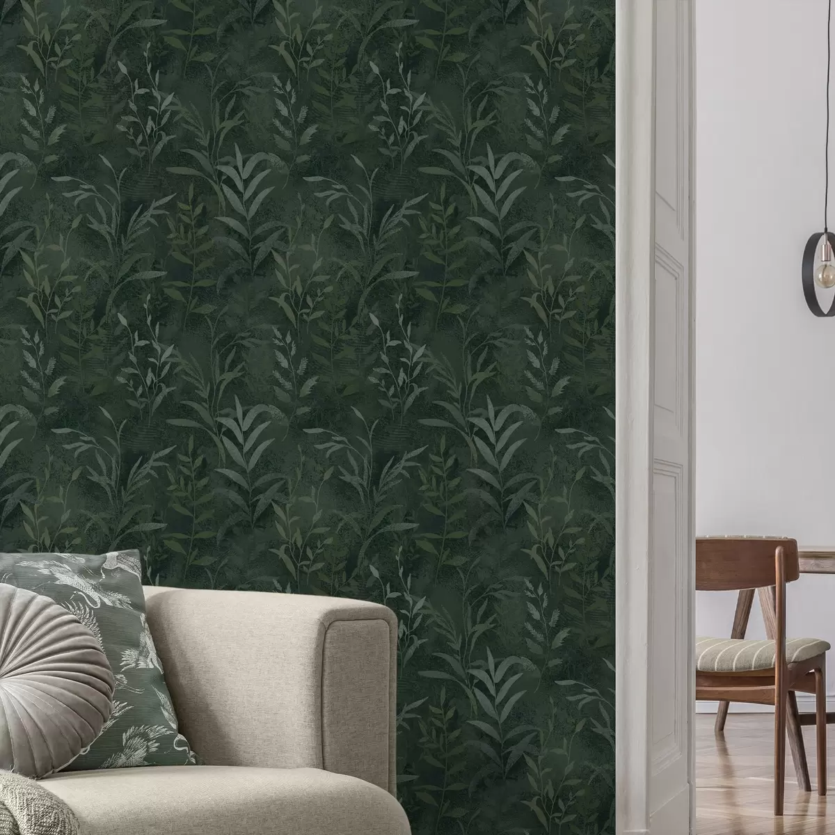 Tapete Dunkelgrüner Hintergrund mit durchscheinenden Blattzweigen a00888