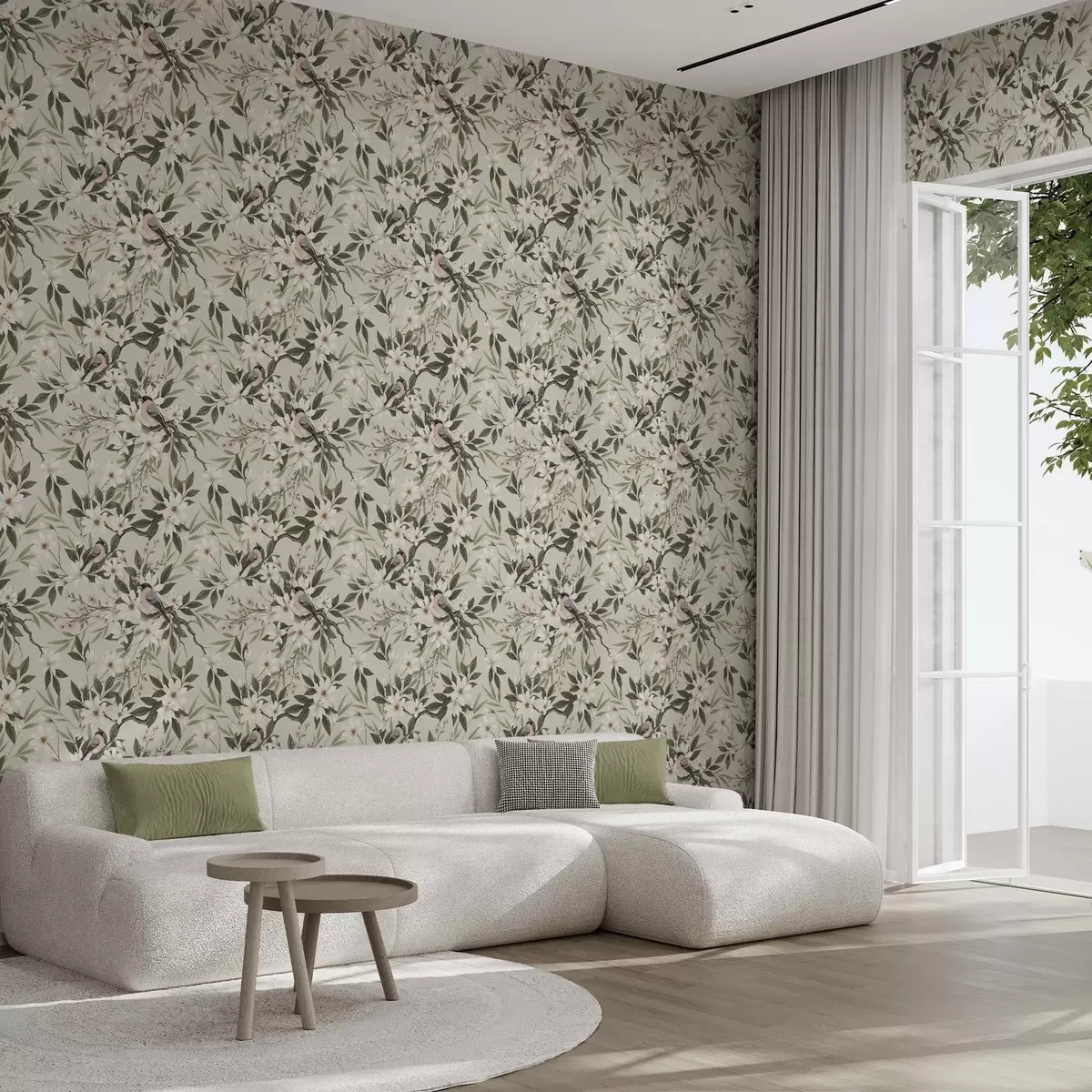 Baggrund Dompap med hvid bryst på grene med cremefarvede blomster a00889