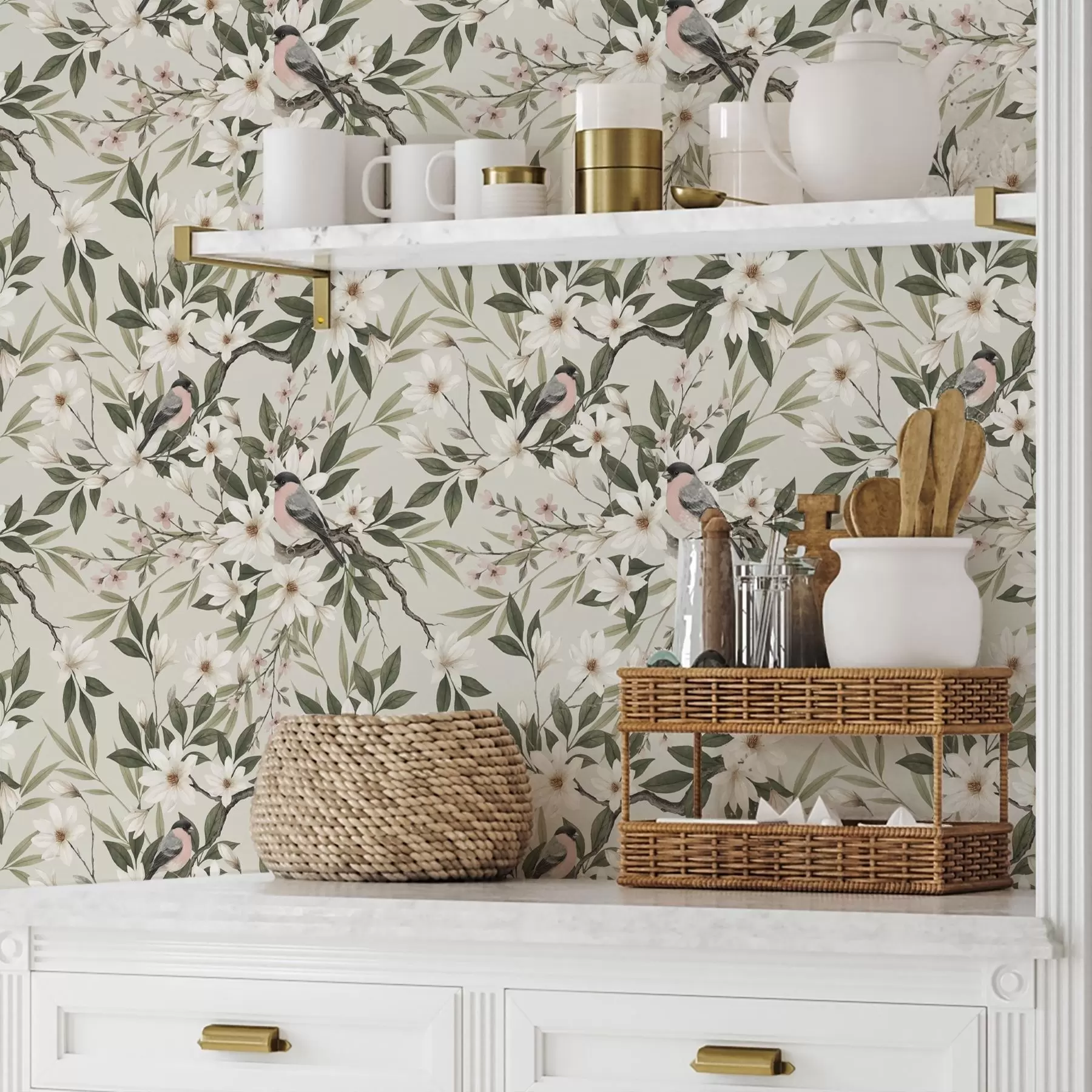 fototapeter Dompap med hvid bryst på grene med cremefarvede blomster a00889