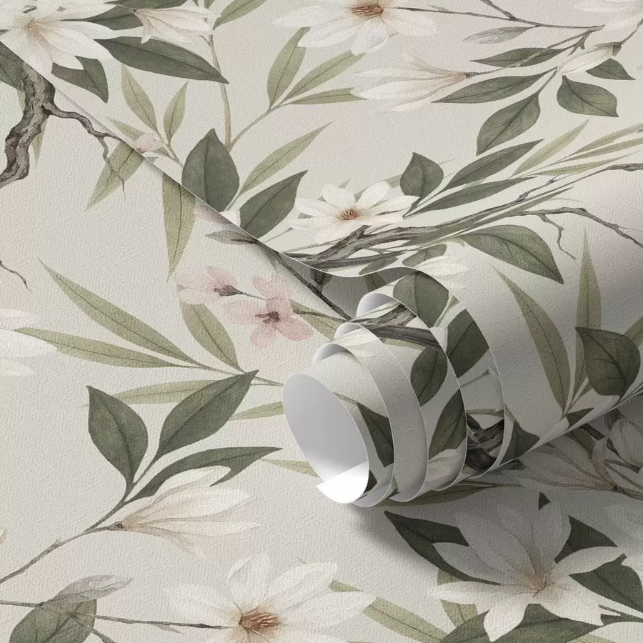 fototapeter Dompap med hvid bryst på grene med cremefarvede blomster a00889