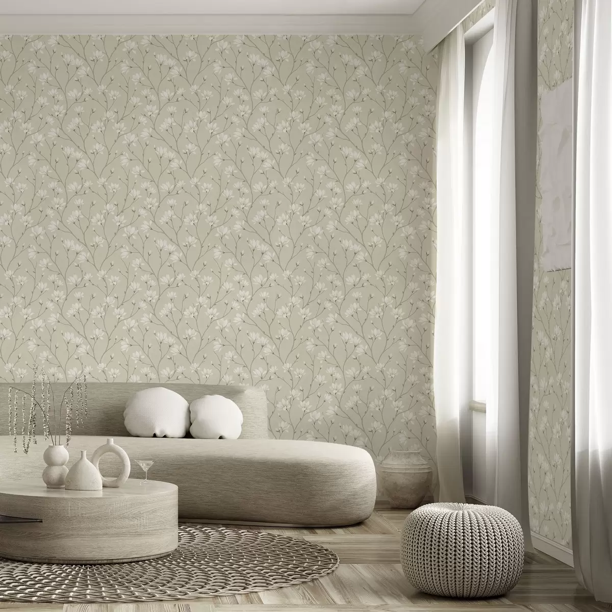 Papier peint Magnolias légers sur de fines branches beiges a00890