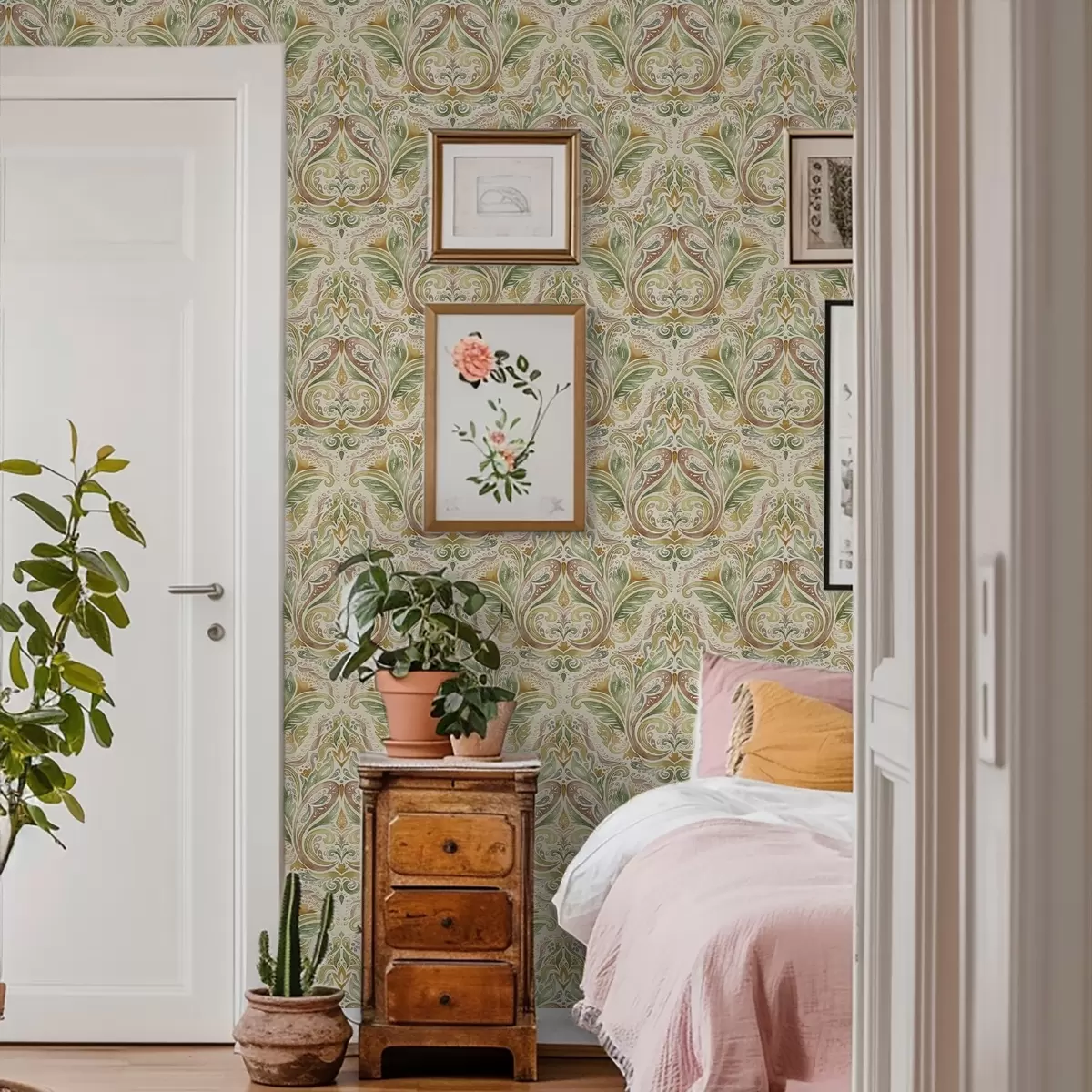 Baggrund Akvarelbladede hvirvler i grønne og varme okertoner a00927