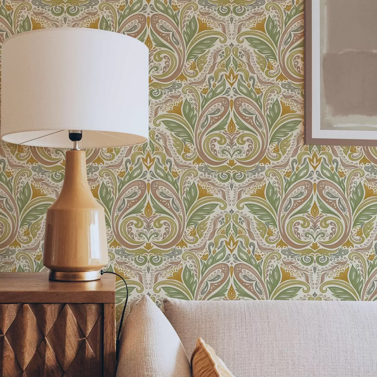 Tapete Zierliche Blattwirbel in Grün- und Terrakottatönen a00927v1