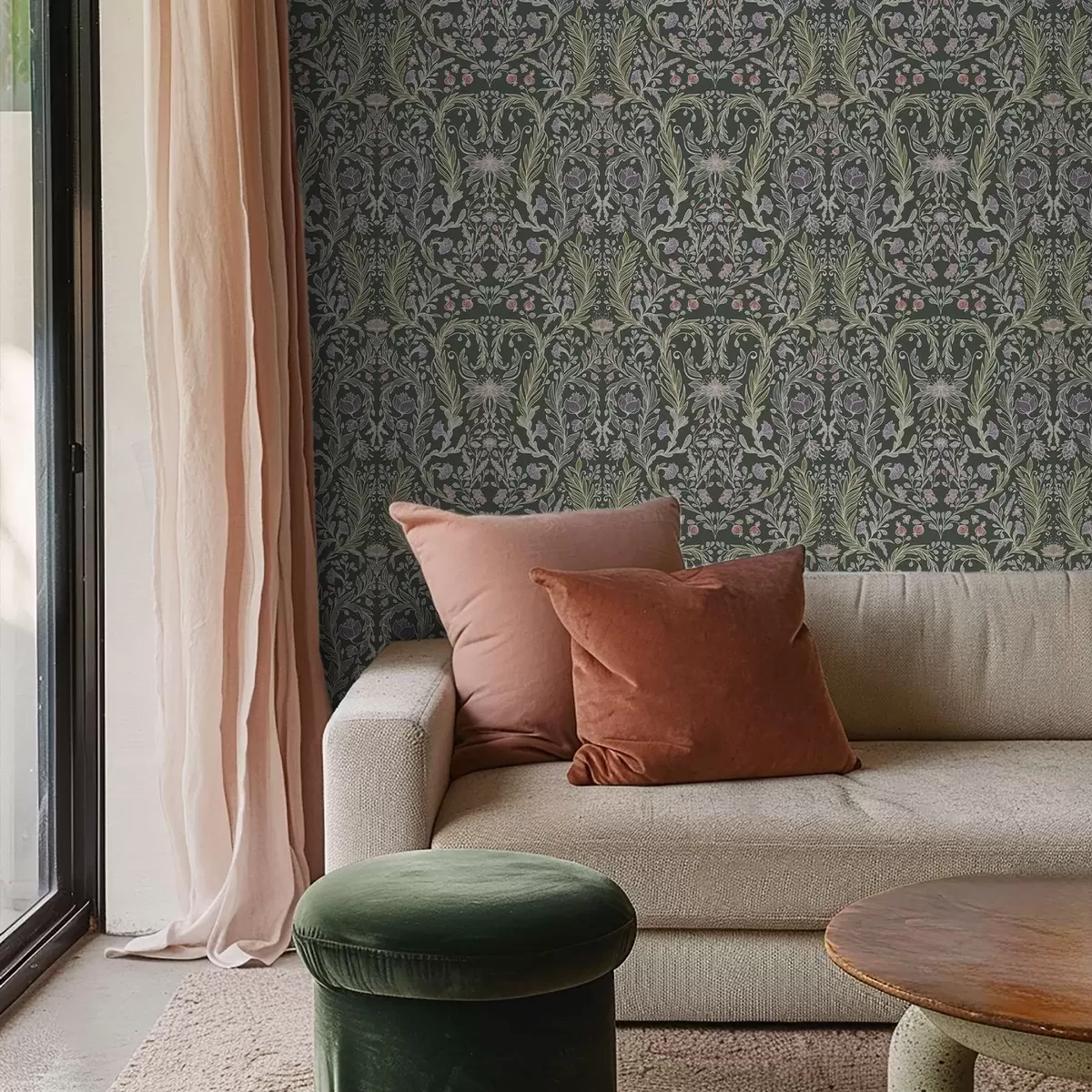 Papier peint Ornement floral symétrique sur fond vert foncé a00928