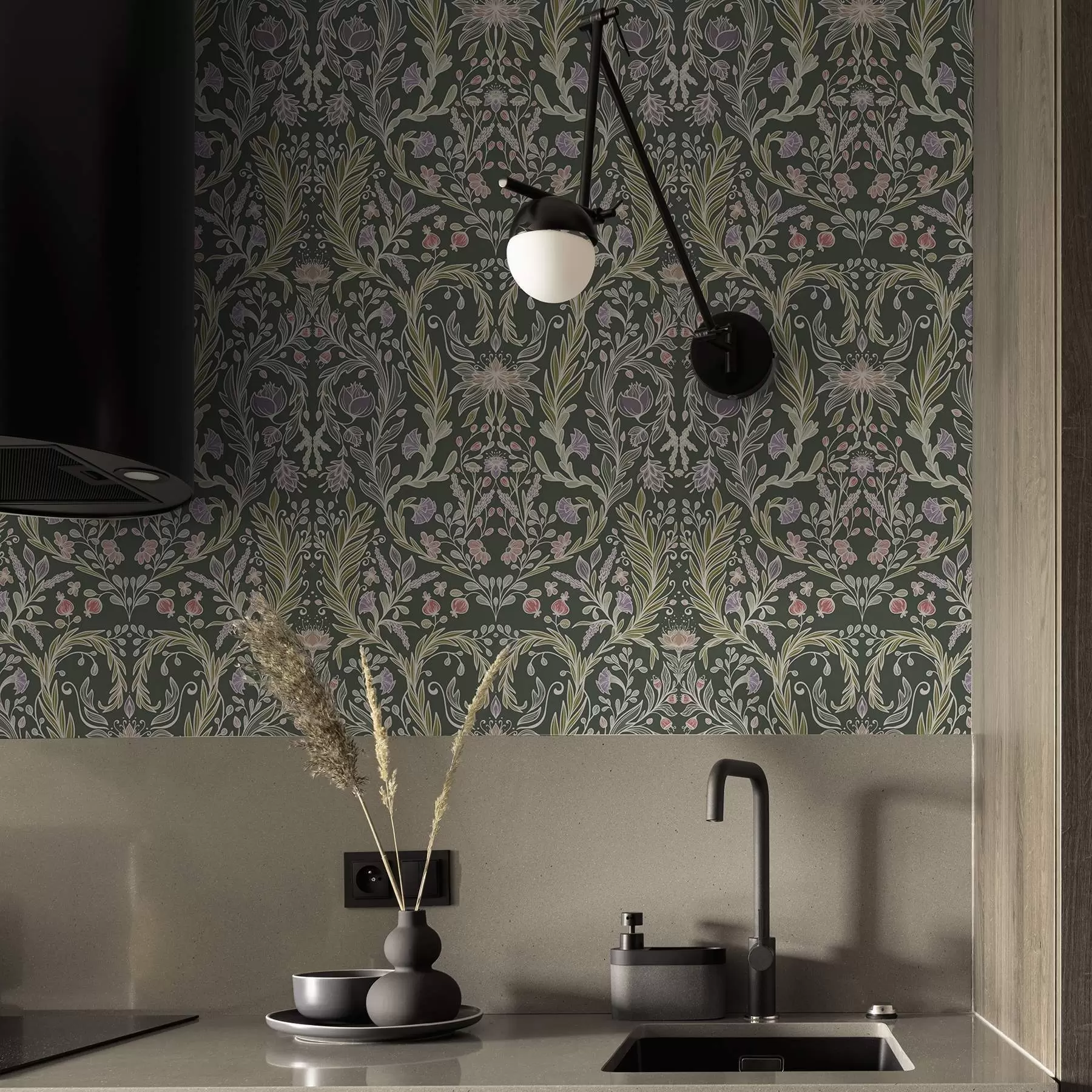 fototapeter Symmetrisk blomsterornament på mørkegrøn baggrund a00928