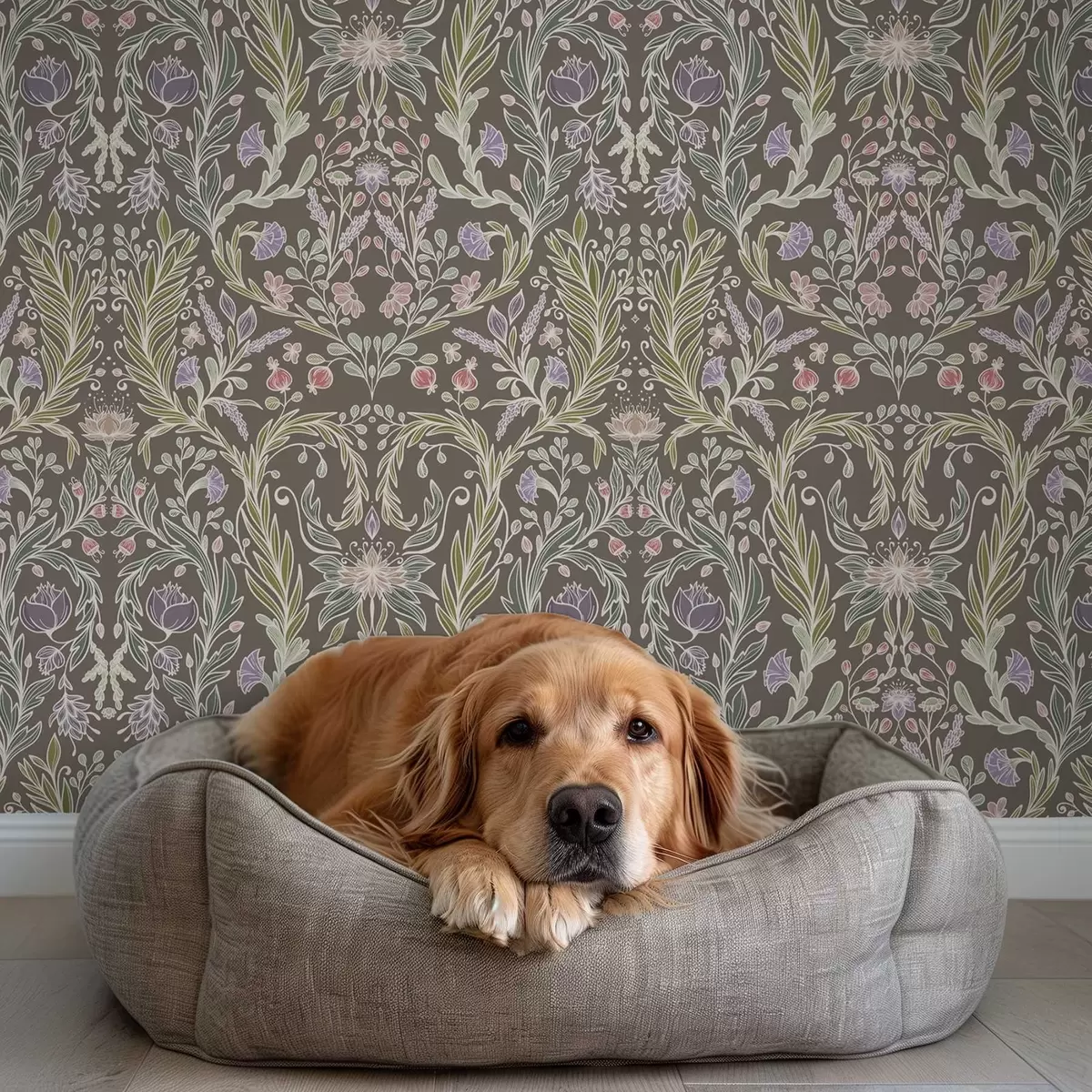 Baggrund Symmetriske blomster og blade på en brunlig-grå baggrund a00928v2